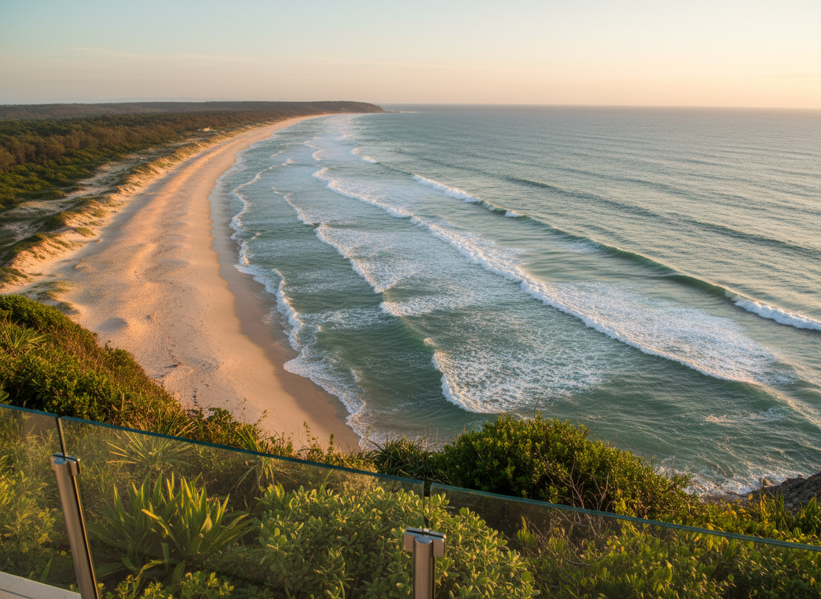An elevated, wide-angle view of Bazley Beach from WaveCrest House’s cliffside vantage point, showcasing a sweeping curve of pale golden sand, gentle turquoise waves rolling in rhythmic lines, and rugged green coastal vegetation in the foreground. The guest house’s minimalist glass railing runs along the bottom edge of the frame, subtly anchoring the perspective without dominating it. Early evening light bathes the scene in a soft, warm glow, catching the textured surface of the water and creating long shadows from the dunes. Photographic realism, captured with deep depth of field for crisp clarity from foreground vegetation to distant headland, conveys a grand yet peaceful sense of space, emphasizing the property’s unrivaled coastal outlook.